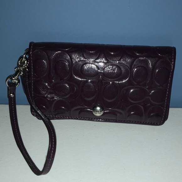 Coach Signature Plum Purple Embossed Patent Wallet Wristlet with Wrist Strap - Picture 1 of 9